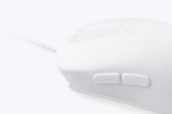 Close-up of CliqTec MOUSE 2 silicone-covered buttons and scroll area for hygienic disinfection
