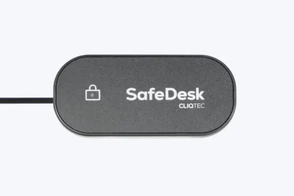 CliqTec SafeDesk under-desk mount, front view, data security workstation accessory