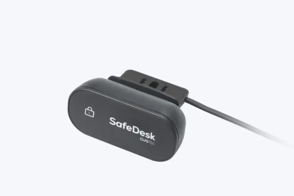 CliqTec SafeDesk front angled view showing 3M adhesive mounting surface for tool-free installation